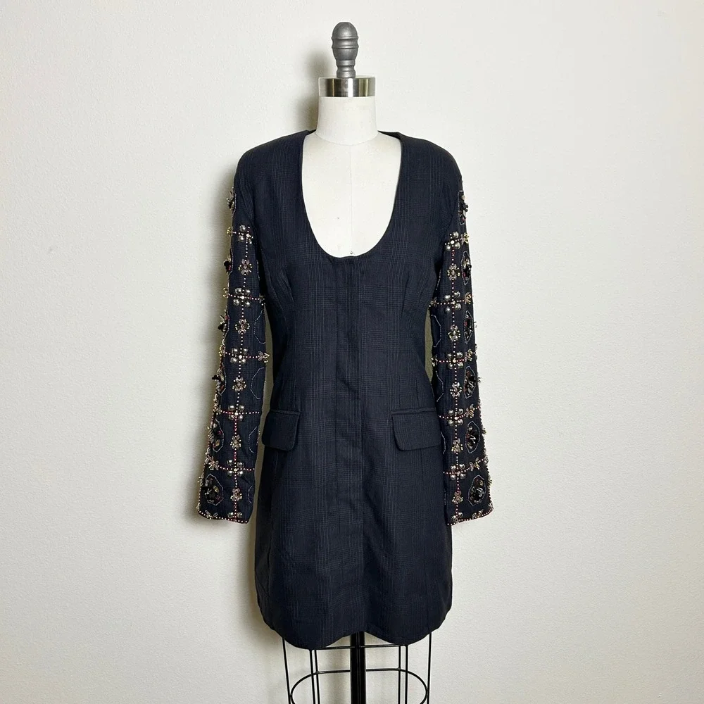 Maeve Black Cotton Beaded Plaid Embellished‎ Blazer Mini Dress Women XXS NWT